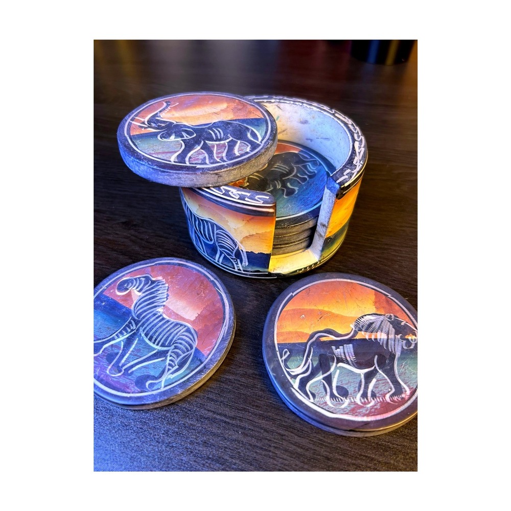African Safari Coaster Soapstone Set Zimbabwe Hand Painted Wildlife